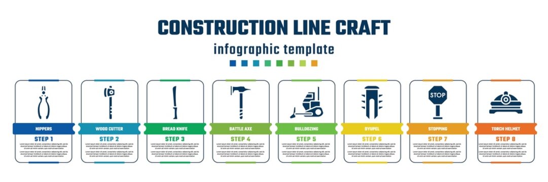construction line craft concept infographic design template. included nippers, wood cutter, bread knife, battle axe, bulldozing, dyupel, stopping, torch helmet icons and 8 steps or options.