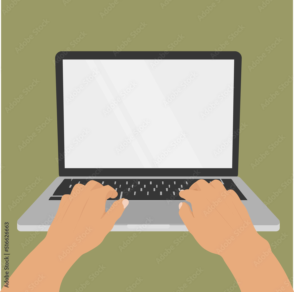 Poster hands in work at laptop keyboard with blank monitor screen at table. work place at home. vector illu
