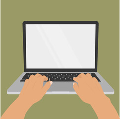 Hands in work at laptop keyboard with blank monitor screen at table. Work place at home. Vector illustration.