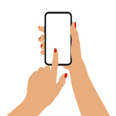 Female hand with manicure holding smartphone with white blank screen. Woman hand with mobile phone on white background. Phone display template. Vector illustration.