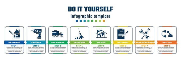 do it yourself concept infographic design template. included pencil and house draw, electroscrew, truck with freight, sweeping broom, home repair, pencil on paper sheet, wrench and screwdriver