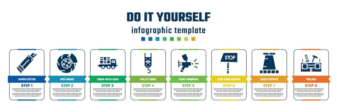 do it yourself concept infographic design template. included paper cutter, disc brake, truck with load, pulley hook, paint airbrush, stop hand drawn, road stopper, toolbox icons and 8 steps or