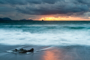Sunset at Azkorri beach in the coast of Biscay, Basque Country, north of Spain. 