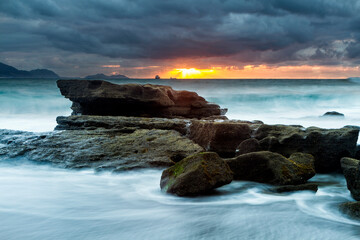 Sunset at Azkorri beach in the coast of Biscay, Basque Country, north of Spain. 