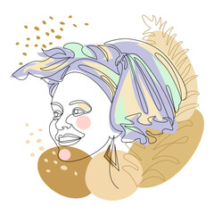 Silhouettes of the girl's head. Lady in a turban, scarf and plant leaves. Woman face in modern one line style. Solid line, outline for decor, posters, stickers, logo. Vector illustration.