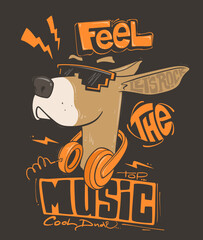 Funny dog with headphones and sunglasses. T-shirt Vector illustration.