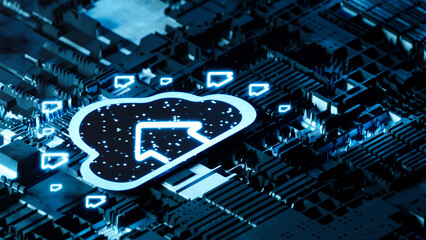 3d rendering glowing cloud computing icon on sci fi panel background.