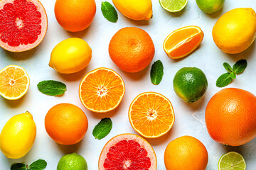 Fresh lemon, orange, grapefruit, lime, green leaves on light background, top view.