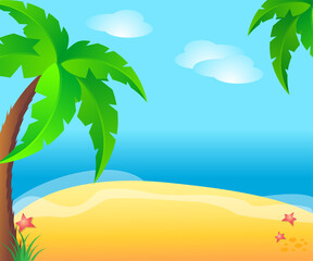 Fototapeta na wymiar Tropical island with palm trees. Summer Vacation Holiday Tropical Ocean Island With Palm Tree Flat Vector Illustration.