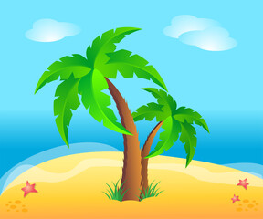 Fototapeta na wymiar Two palm tree and sandy beach on blue sea. Paradise vacation on tropical island. Vector cartoon illustration