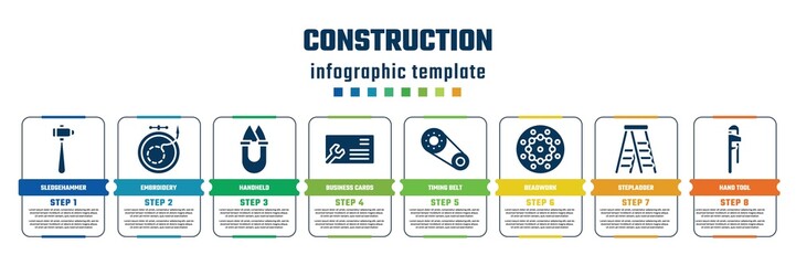 construction concept infographic design template. included sledgehammer, embroidery, handheld, business cards, timing belt, beadwork, stepladder, hand tool icons and 8 steps or options.