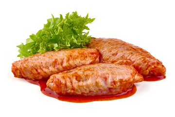 Marinated Buffalo chicken wings in red sauce with lettuce salad leaf, isolated on white background.