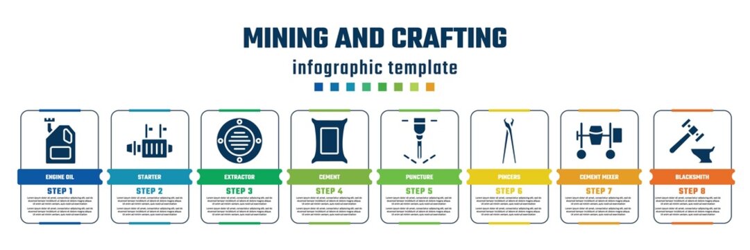 Mining And Crafting Concept Infographic Design Template. Included Engine Oil, Starter, Extractor, Cement, Puncture, Pincers, Cement Mixer, Blacksmith Icons And 8 Steps Or Options.