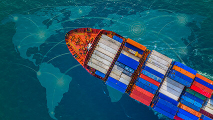 Aerial view container ship with world map digital network, Global business company supply chain...