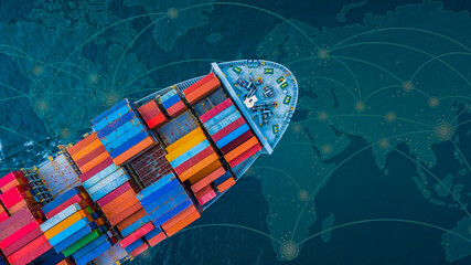 Aerial view container ship with world map digital network, Global business company supply chain logistic freight shipping import export transportation container cargo worldwide.