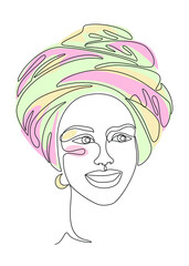 Silhouettes of the girl's head. Lady in a turban, scarf. Woman face in modern one line style. Solid line, contour for decor, posters, stickers, logo. Vector illustration.