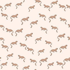 Decorative seamless pattern with doodle cute leopard. Hand drawn cheetah endless wallpaper.