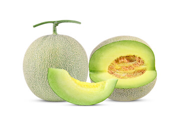 Whole of cantaloupe melon with slices isolated on white background.