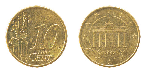 European Union 10 ten cents copper aluminum alloy coin made in Karlsruhe Germany image Brandenburg...