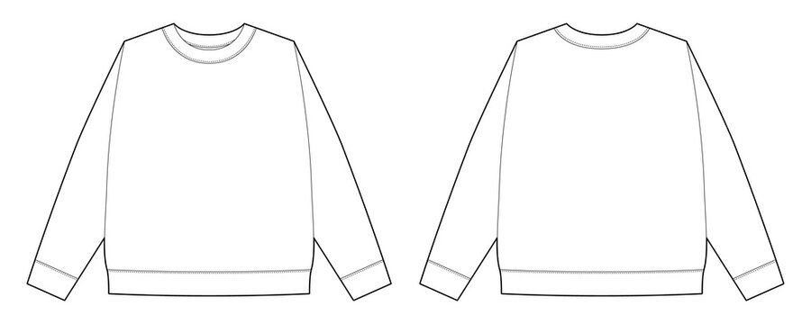 Childrens Technical Sketch Sweatshirt. Kids Wear Jumper Design Template. Front And Back View.