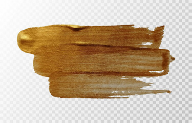 Hand drawing dark gold paint brush stroke isolated on transparent background. Realistic dark golden acrylic smear with glittering texture. Decorative glittering brushstroke. Vector illustration