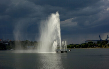 Fototapeta premium lake ciuperca romania tulcea with astonishing artesian fountain in sunset light