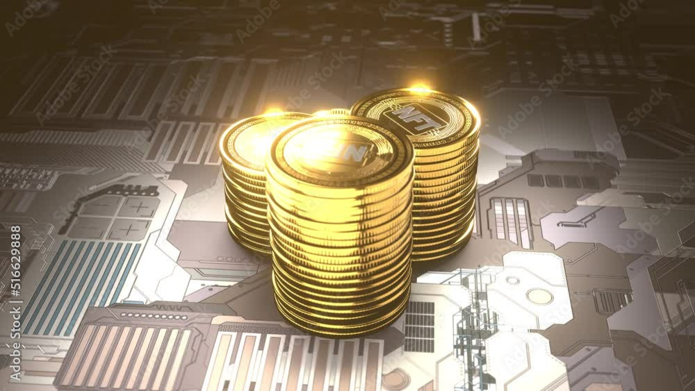 Poster loop 3d animation of a lot of nft coins. gold coins on the surface of a chip, an electronic device. 
