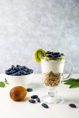 Fototapeta na wymiar Muesli, yogurt, honeysuckle and kiwi in a transparent glass. Delicious and healthy breakfast