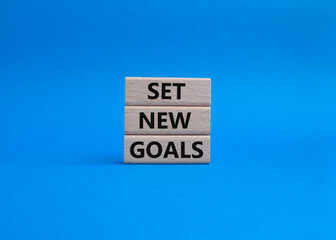 Set New Goals symbol. Wooden blocks with words Set New Goals. Beautiful blue background. Business and Set New Goals concept. Copy space.