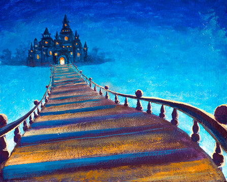 Fairy tale illustration of the road from the castle for Cinderella acrylic painting.