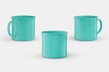 Turquoise color mug mockup isolated on grey background with left, right & center view.