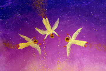 Three angels fly over the fairy magic land fairytale landscape painting. three archangels Gabriel, Michel and Raphael fly in night dream art illustration