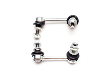 Suspension stabilizer bar car spare part. Thrust of two spherical joints isolated on a white background.