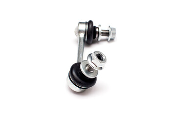 Suspension stabilizer bar car spare part. Thrust of two spherical joints isolated on a white background.