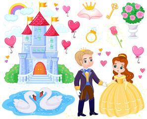 Set of fairy tale items and characters in cartoon style. Prince and princess near the castle. Vector illustration