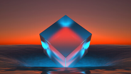 Fototapeta na wymiar glass cube in the sea hole at sunset