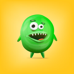 Vector cartoon funny green alien monster isolated on yellow background. Smiling silly green monster print sticker design template. Cute Ghost, troll, gremlin, goblin, devil and halloween monster