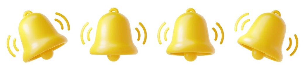 Notification bell icon 3d render - cute cartoon illustration of simple yellow bell for reminder or notice concept.