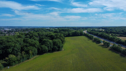 Aerial view of farmers fields and A10 motorway