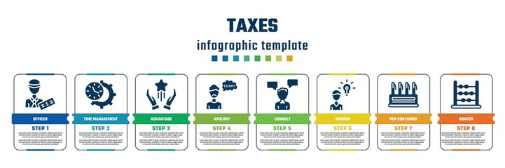 taxes concept infographic design template. included officer, time management, advantage, apology, consult, opinion, pen container, abacus icons and 8 steps or options.