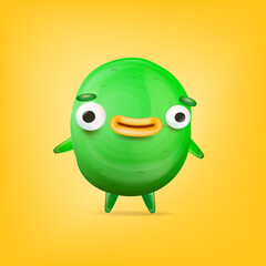 Vector cartoon funny green alien monster isolated on yellow background. Smiling silly green monster print sticker design template. Cute Ghost, troll, gremlin, goblin, devil and halloween monster