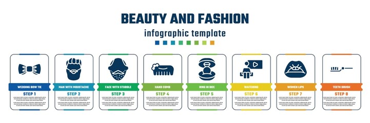 beauty and fashion concept infographic design template. included wedding bow tie, man with moustache and bear, face with stubble, hand comb, ring in box, watching, women lips, teeth brush icons and