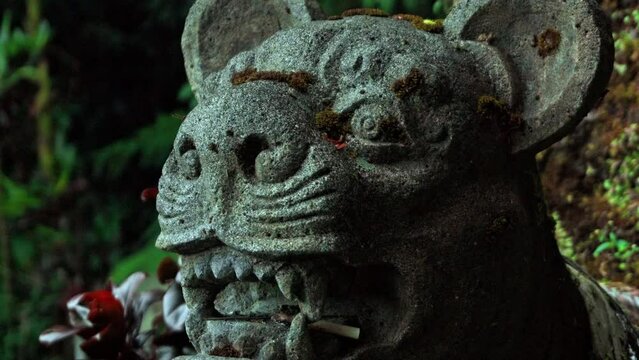 Stone statue of evil tiger standing in jungle with open mouth