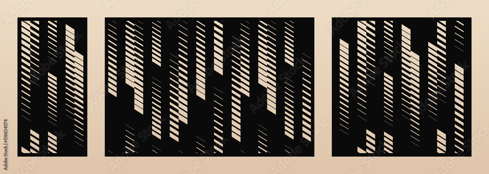 Aufkleber Laser cut patterns collection. Vector set with abstract geometric texture, halftone lines, fading stripes, tracks. Decorative stencil for laser cutting of wood panel, metal. Aspect ratio 1:2, 3:2, 1:1