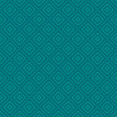 Vector geometric ornament in ethnic style. Abstract seamless pattern with simple elements, small rhombuses, floral shapes, repeat tiles. Tribal background texture. Folk motif. Teal and turquoise color
