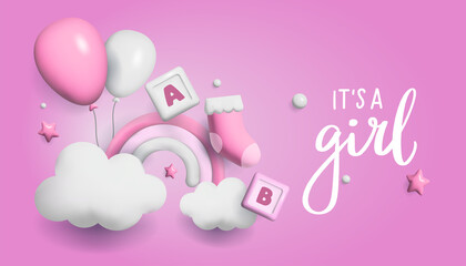 Baby shower 3d space. Banner poster on Baby shower in render style. Lettering it's a boy. 3 d style.