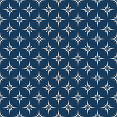 Vector geometric texture with small stars, diamonds, floral silhouettes. Elegant abstract dark blue seamless pattern. Simple minimal background. Stylish repeated geo design for decor, print, textile