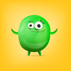 Vector cartoon funny green alien monster isolated on yellow background. Smiling silly green monster print sticker design template. Cute Ghost, troll, gremlin, goblin, devil and halloween monster