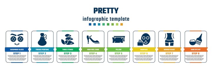 pretty concept infographic design template. included cucumber slices on face, french perfume, three stones, high heel shoe, pillow, mudpack, women waist, hair dye kit icons and 8 steps or options.