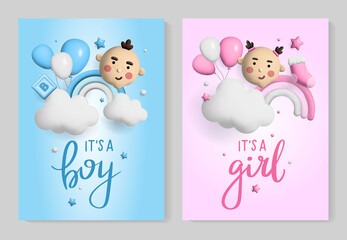 Baby shower 3d space. Banner poster on Baby shower in render style. Lettering it's a boy it's a girl. 